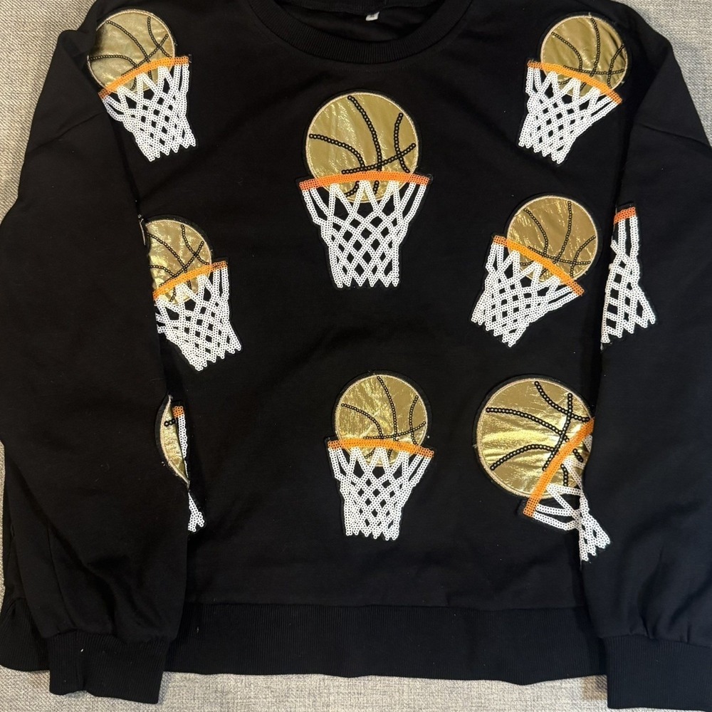 Basketball Sweatshirt Womens XL Black‎ Gold Sequin Hoops Sports Pullover